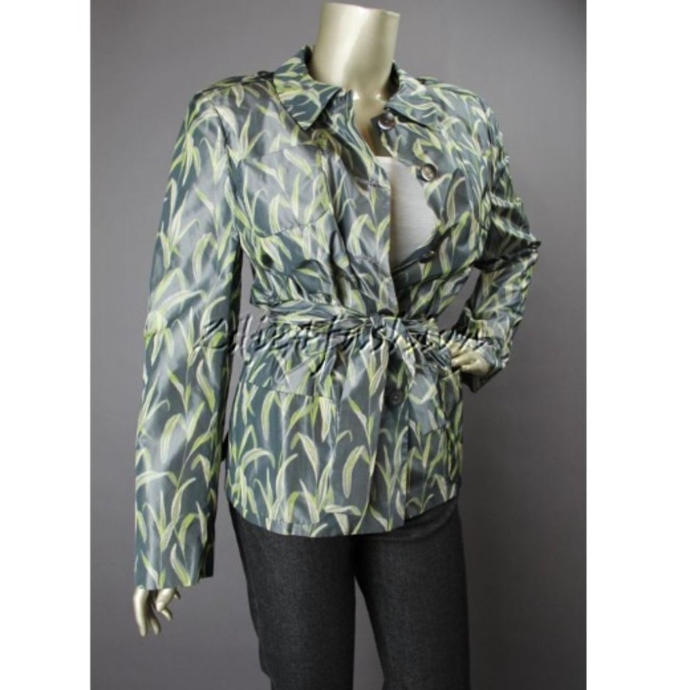 $3295 New RENA LANGE Green Tropical Art Print Belted Silk Blend Jacket Coat 14